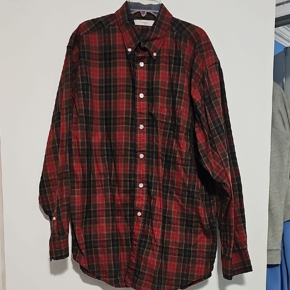 Turnbury Classic Red Plaid Men's Long Sleeve Button Down Shirt Sz L 34 Cotton